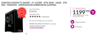 PC gaming - Lenovo Legion T5 26IAB7, Intel® Core™ i7-12700F, 16GB RAM, 1TB SSD, GeForce RTX™ 3060, FreeDos por 1199.99€