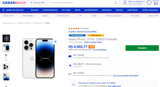 Smartphone da Apple, modelo iPhone 14 Pro de 128GB - R$ 6.966,77