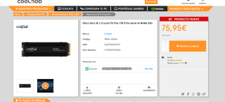 Crucial P5 Plus SSD 1TB NVMe PCIe 4.0 con disipador de calor por 75,95€