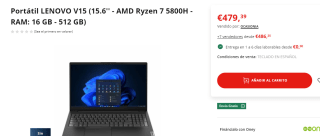 Portátil Lenovo V15 15.6'' AMD Ryzen 7 5800H -16 GB/512 GB por 479.39€