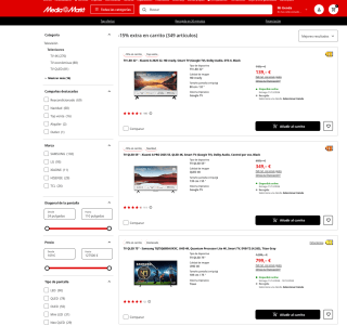 Descuento 15% extra en carrito Televisores Esta Noche en Mediamarkt