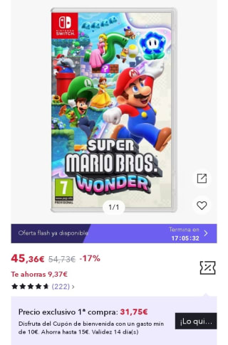 Nintendo Switch Super Mario Bros. Wonder por 31,75€.