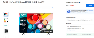 TV LED 55 pulgadas Hisense 55A6BG, 4K UHD, Smart TV por 299€