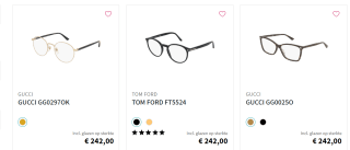 Alle Gucci en Tom Ford Brillen op sterkte voor €229,90 na inschrijving nieuwsbrief bij Lensplaza