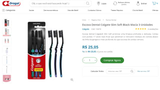 Kit com 3 Escovas de Dente da Colgate, modelo Slim Soft Black - R$ 25,05