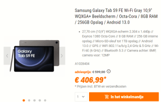 Samsung Galaxy Tab S9 FE WiFi, 8GB ram, 256GB opslag voor €406,99 bij Nbb