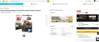 Puzzle 3D Ravensburger Puzzle Ball Jurassic World 72 piezas por 7,48€