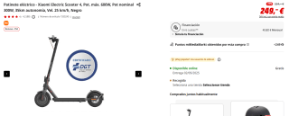 Patinete eléctrico Xiaomi Electric Scooter 4, Pot. máx. 600W, Pot nominal 300W, 35km autonomía, Vel. 25 km/h por 249€ y el Elite por 274€