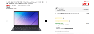 Portátil ASUS E410MA-EK1945, 14" Full HD, Intel Celeron N4020, 4GB RAM, 256GB SSD, Intel UHD, Sin sistema operativo por 126€