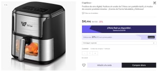 Freidora sin aceite de 5 litros con pantalla táctil y 6 modos de cocción predeterminados por 43.99€