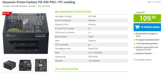 Seasonic Prime Fanless PX-450 ATX Platinum voor €109,90 bij Megekko