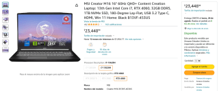 Laptop MSI Creator 16" QHD+ RTX 4060 i7-13620H por $24,840 en Amazon