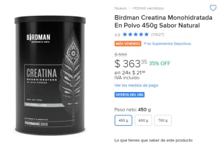 Descuento Mercado Libre: Creatina Birdman Sabor Natural por $363