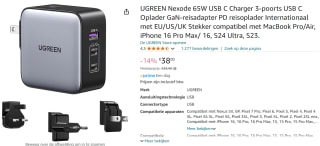 UGREEN GaN Reislader 65W Snellader Universele Wereldstekker EU/VS voor €38 bij Amazon