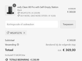 eufy Clean X8 Pro-robotstofzuiger met zelf-leegstation en dweilfunctie voor €369