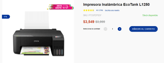 Impresora Inalámbrica EcoTank L1250 por $2,839 en Epson