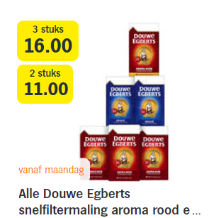 Alle Douwe Egberts snelfiltermaling 3 voor €16 bij de AH