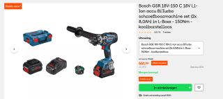 Bosch Professional GSR 18V-150 C Accuboormachine - BITURBO - Met 2x accu (8.0Ah) en lader voor €551,88 bij Gereedschapcentrum.