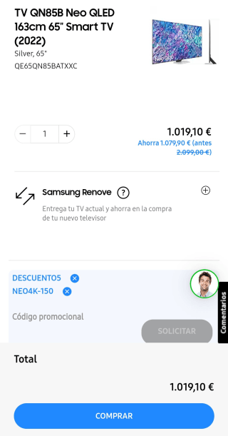 TV QN85B Neo QLED 163cm 65" 2022 por 1,019,10€