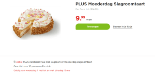 Aardbeienvlaai met slagroom of moederdag slagroomtaart voor €9,99 bij de Plus