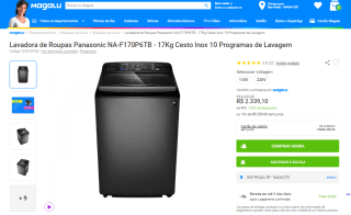 Lavadora de Roupas da Panasonic de 17kg, modelo Titânio - R$ 2.339,10