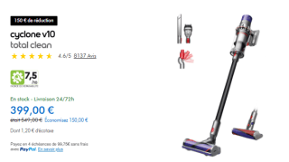 Aspirateur balai sans fil Dyson V10 Total Clean - 2 brosses, 3 accessoires, puissance aspiration 151 AW à 399€