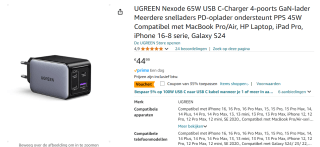 UGREEN Nexode 65W USB C-Charger 4-poorts voor €29,24 bij Amazon