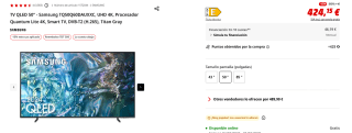 TV QLED 50" Samsung TQ50Q60DAUXXC, UHD 4K, Procesador Quantum Lite 4K por 424,15€