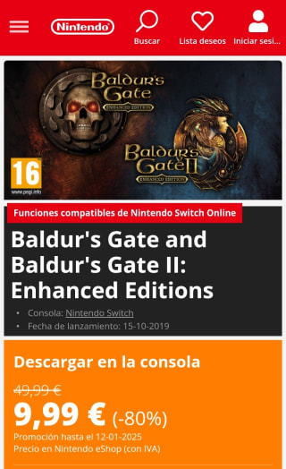 Baldur's Gate and Baldur's Gate II: Enhanced Editions Nintendo Switch por 9,99€.