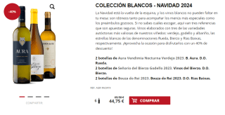 2 botellas de Aura Vendimia Nocturna Verdejo 2023. B. Aura. D.O. Rueda. + 2 botellas de Señorío del Bierzo Godello 2023. Vinos del Bierzo. D.O. Bierzo. + 2 botellas de Bouza do Rei 2023. Bouza do Rei 2023. D.O. Rías Baixas. por 34.75€