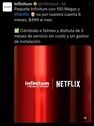 Internet Simétrico Infinitum Telmex (150mbps): 3 Meses Gratis e Instalación Gratis y Netflix por 6 Meses