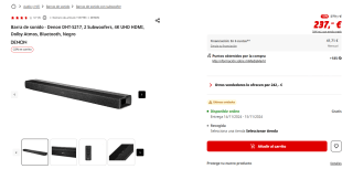Barra de sonido Denon DHT-S217, 2 Subwoofers, 4K UHD HDMI por 184,86€