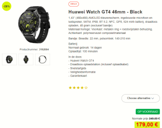 Huawei Watch GT 4 46mm Zwart (Zwarte Siliconenband) voor €179 bij Proshop