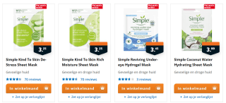 Simple Kind To Skin Sheet Mask 1+1 gratis met gratis 1/5 staatslot twv €3,50 voor €3,25 bij Trekpleister