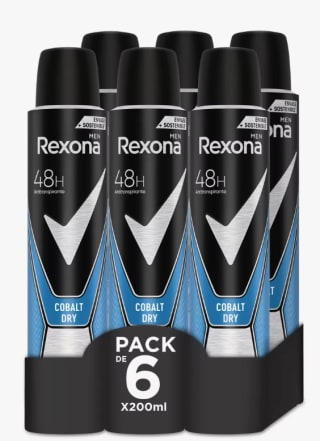 Rexona Desodorante Cobalt Dry para hombre, 48 horas 200ml x Pack de 6 por 10,96€ (6,58€ cuenta nueva)