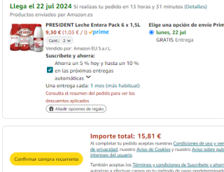 PRESIDENT Leche Entera Pack 12 x 1,5L por 15,81€