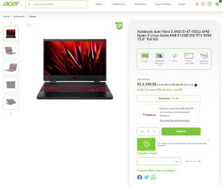 Notebook da Acer, modelo Nitro 5 AMD Ryzen 5 Linux Gutta de 8GB e 512GB de SSD - R$ 5.299