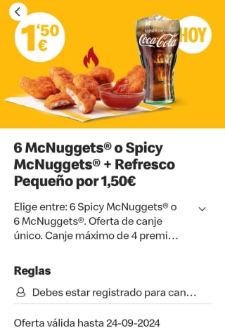 6 mcnugets o spice+ refresco pequeño por 1,50€