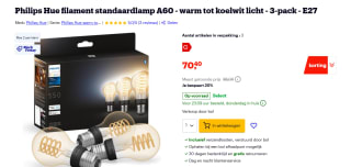 Philips Hue A60 - E27 slimme lamp (3-pack) voor €70,40 bij Bol