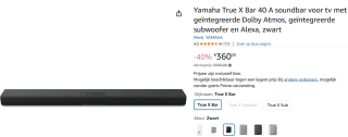 Yamaha SR-X40A True X-sounbar- Zwart voor €360 bij Amazon
