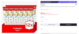 Pack 12 Pastas de dientes Colgate Total Advanced de 75ml por 26,60€ (cuenta nueva por 16,60€)