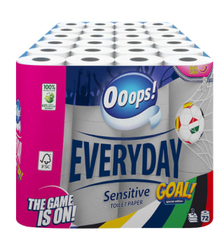 72 Ooops! rollen Ooops! Toiletpapier Everyday Sensitive EK 2024 Special Edition 3-laags voor €20 bij Plein