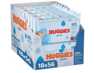 lingettes bébé Pure Huggies- 18 paquets de 56 lingettes (1008 lingettes) - 99% d'eau pure - sans parfum à 17,99€