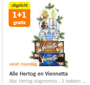 Alle Hertog en Viennetta ijs 1+1 gratis bij de AH