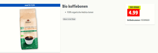 Bio koffiebonen 100% organische Arabica-bonen 500 gram voor €5 bij de Lidl