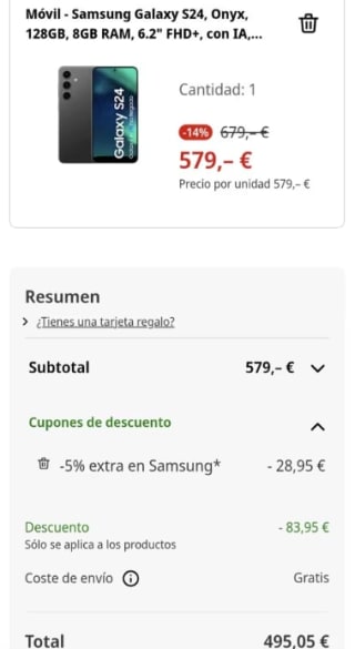 Samsung Galaxy S24 de 8GB/128GB por 447,10€