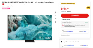TV QLED 65" Samsung TQ65Q7F5AUXXC, QLED 4K, Q4 AI Processor, Smart TV full AI por 799€