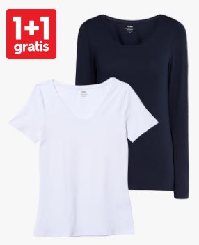 1+1 gratis op alle dames basic T-shirts bij HEMA