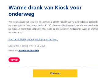 Alle warme dranken voor €1,50 bij Kiosk tijdens de NS weg=weg weken