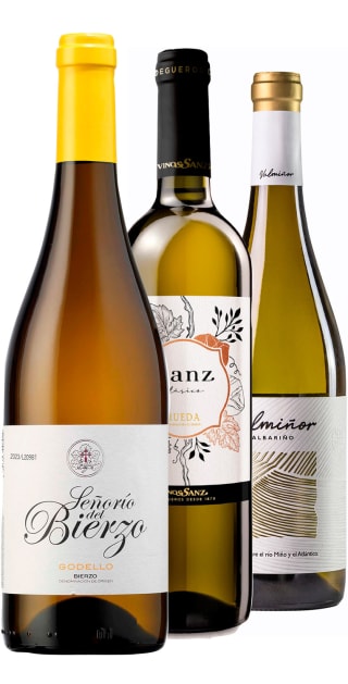 2 botellas de Señorío del Bierzo Godello 2023. Vinos del Bierzo. D.O. Bierzo. + 2 botellas de Sanz Clásico 2023. Vinos Sanz. D.O. Rueda. + 2 botellas de . Valmiñor 2023. Adegas Valmiñor. D.O. Rías Baixas. por 34.4€